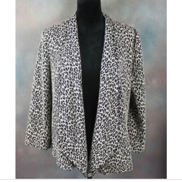 Notations Tan Black Leopard Print Open Front Waterfall Jacket Sz 2X Lined Padded - Picture 3 of 16